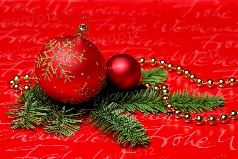 Christmas baubles and fir branch, Christmas decoration, Christmas tree decorations, fir greenery