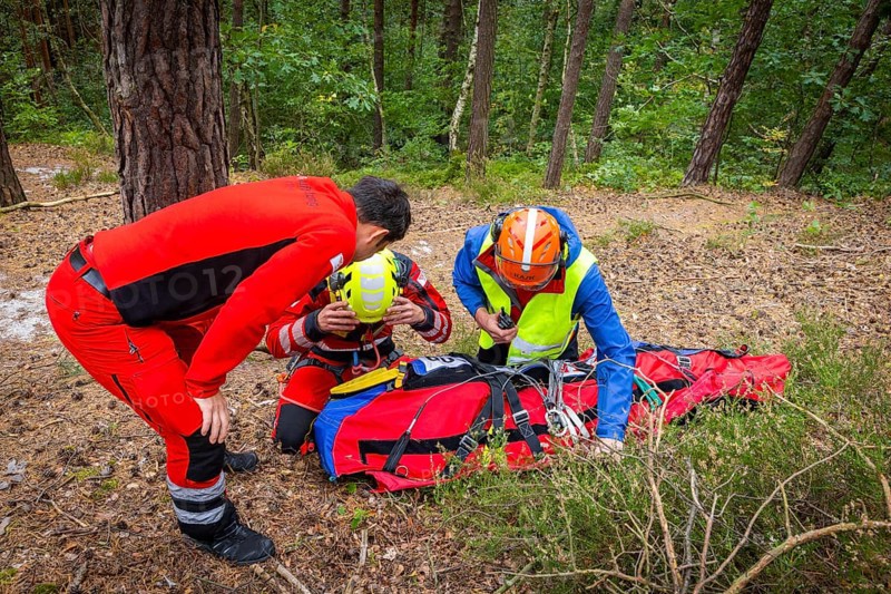 Winch rescue training of the rescue helicopter, Christoph 62, on the occasion of the 50th anniversary of the DRF Luftrettung. The rescue of casualties in the Elbe Sandstone Mountains will be practised