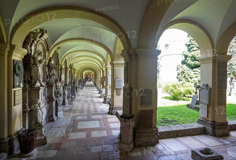 Crypt arcades, grave counters in the arcade of St. Sebastian's Cemetery, Church of St. Peter, Salzburg, Austria, Europe