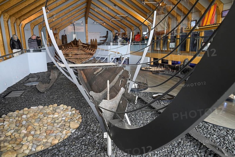 Reconstruction of the longship Haithabu 1, exhibition in the Viking Museum Haithabu, Schleswig, Schleswig-Holstein, Germany, Europe
