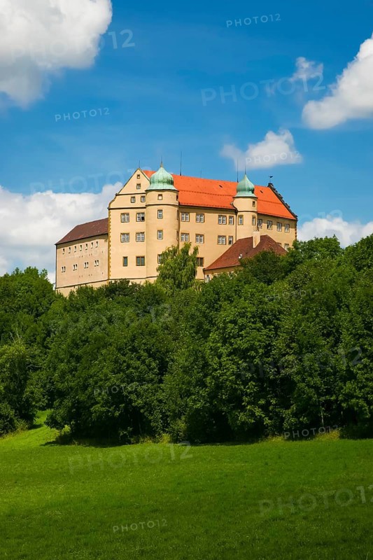 Kapfenburg Castle, architecture, historical building, castle of the Teutonic Order, former castle of the Teutonic Order, today cultural centre, international music academy, museum, blue sky with clouds, meadow, lawn, trees, plants, Lauchheim, Ostalbkreis, Baden-Württemberg, Germany, Europe