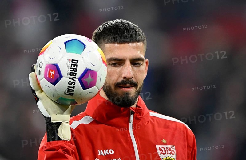 Goalkeeper Fabian Bredlow VfB Stuttgart (01) portrait, Adidas Derbystar match ball, Logo, Allianz Arena, Munich, Bavaria, Germany, Europe