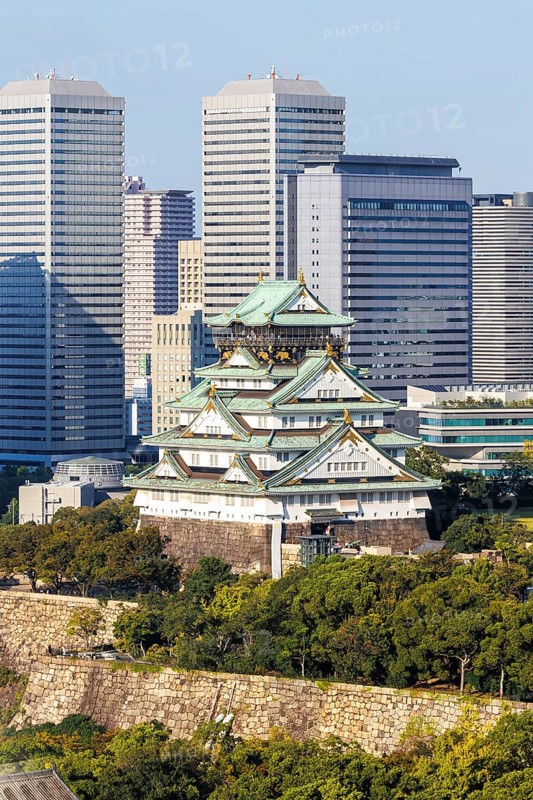 Osaka Castle from above with the skyline skyscrapers in Osaka, Japan, Asia
