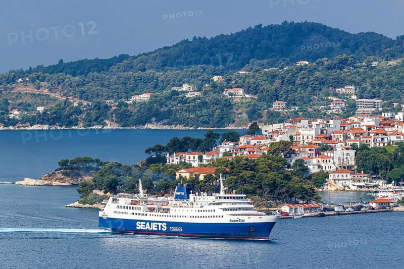 Seajets ferry in the sea off the Mediterranean island of Skiathos, Greece, Europe