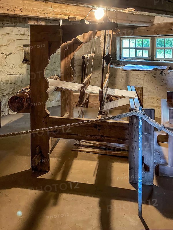 Historical loom in old rebuilt restored small farmhouse weaver's house half-timbered house in open-air museum Neuhausen, Neuhausen ob Eck, Tuttlingen district, Baden-Württemberg, Germany, Europe