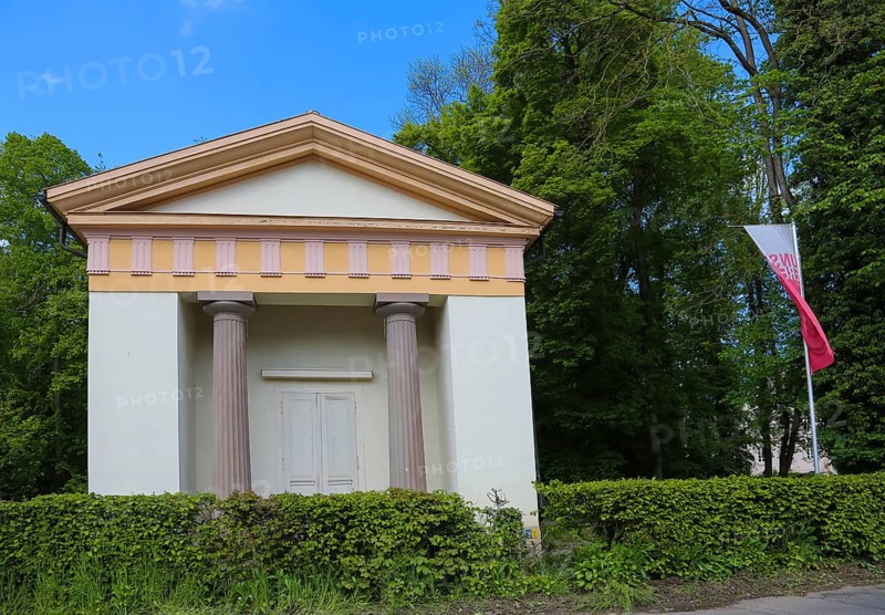 Billiard house in the landscaped park of Villa Eugenia, originally a white house modelled on a Greek temple, last residence of the Princes of Hohenzollern-Hechingen, park, garden, historical building, architecture, columns, flagpole, Hechingen, Zollernalbkreis, Baden-Württemberg, Germany, Europe