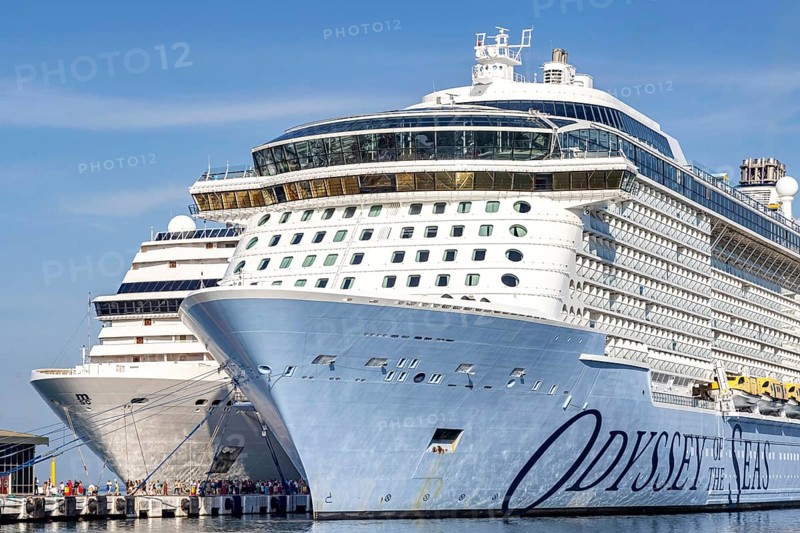 Odyssey of the Seas, cruise ship of the Royal Caribbean International shipping company, length 347 metres. Cruise harbour of Kusadasi. The Turkish port city of Kusadasi in the Aegean is a popular holiday resort and destination for cruises in the Mediterranean, Kusadasi, Kusadasi, Aydin province, Aegean region, Turkey, Asia