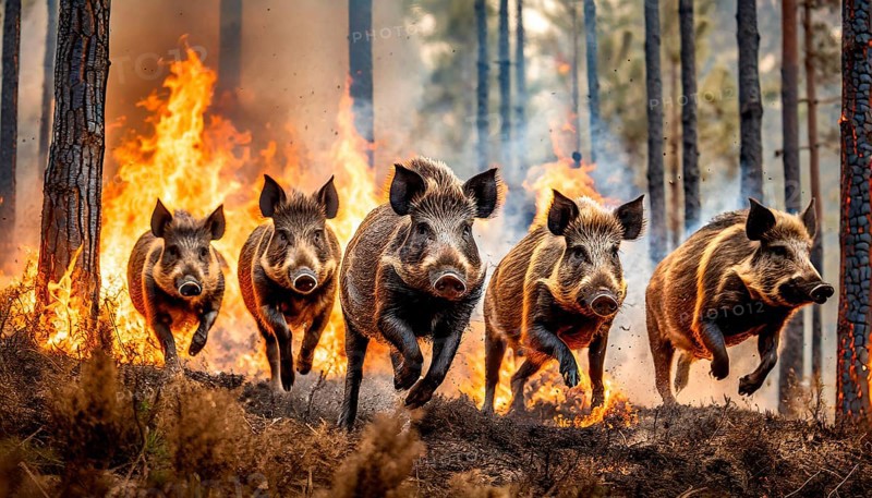 Climate change, global warming, environmental catastrophe, a herd of wild boars flees in great leaps from a forest fire, AI generated