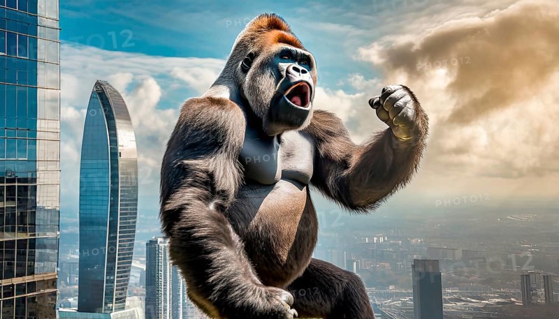 The fictional giant ape King Kong looms over the roof of a skyscraper in New York, AI generated