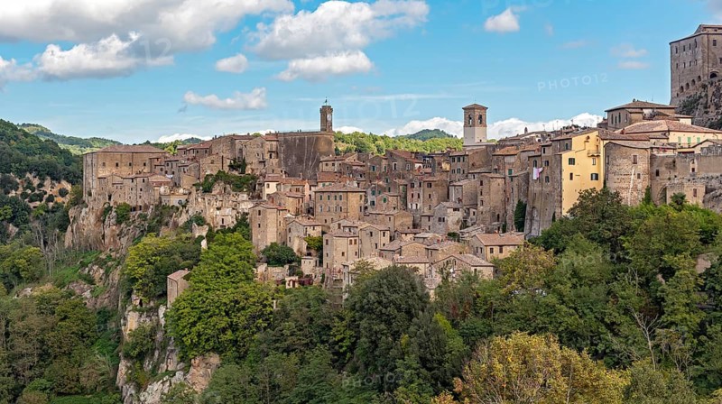 Panoramic view of medieval hill town of Sorano, Tuscany, Italy, Europe