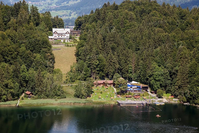 Freibergsee with lido, view from the Heini-Klopfer ski jump, Oberstdorf, Oberallgäu, Allgäu, Bavaria, Germany, Europe
