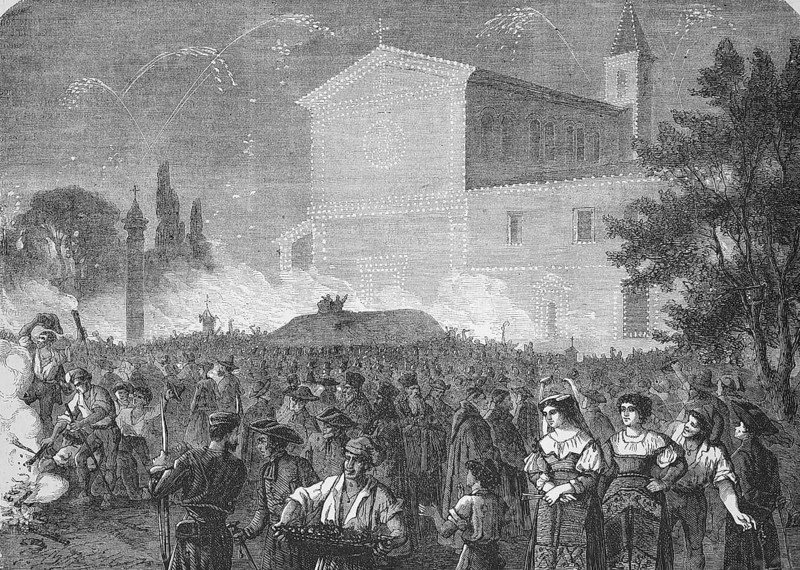 Christmas and New Year Illumination of the Church of Saint Pierre in Montoriom, San Pietro in Montorio, 1869, Rome, Italy, Historic, digitally restored reproduction of an original 19th century artwork, exact original date unknown, Europe