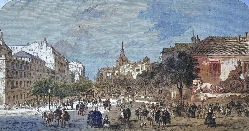 Rue dAlcala, Calle de Alcala, in Madrid in 1869, Spain, Historic, digitally restored reproduction of a 19th century original, exact original date unknown, Europe