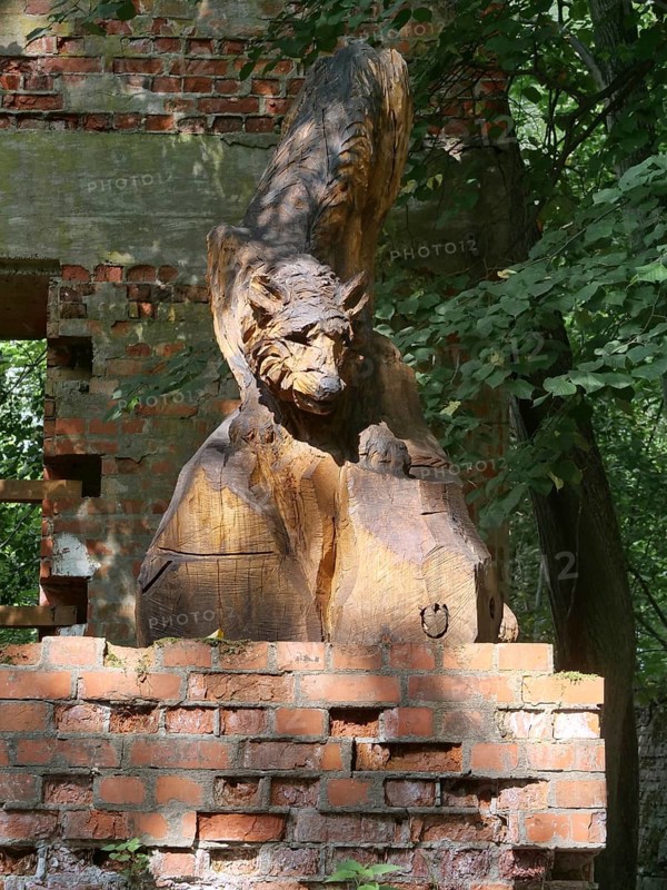Wolf carved in wood in the ruins of the Wolf's Lair (also Wolfschanze), the military situation centre of the command staff of the German Wehrmacht. The Wolf's Lair is now a museum. Gierloz, Ketrzyn, Warmia-Masuria, Poland, Europe