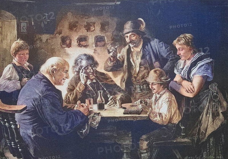 Child learning to play the zither, the family watching, smoking a pipe, living room, Bavaria, Germany, around 1885, Historical, digitally restored reproduction from a 19th century original, Child learning to play the zither, the family watching, smoking a pipe, living room, Bavaria, around 1885, Historical, digitally restored reproduction from a 19th century original, Europe