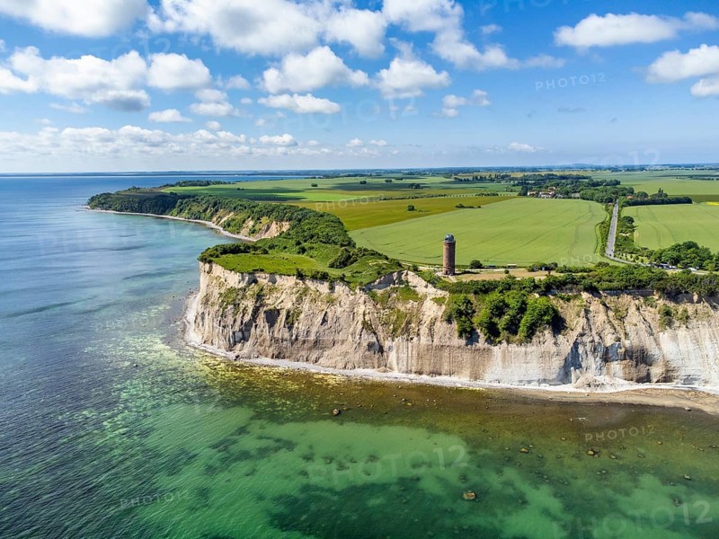 Aerial view of Cape Arkona with chalk cliffs and bearing tower, Putgarten, Rügen Island, Mecklenburg-Western Pomerania, Germany, Europe