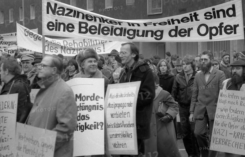 Organisations of French Jews and German Nazi victims demonstrated for a condemnation of Gestapo and SS man Kurt Lischka, who was responsible for the deportation of 76, 000 Jews in France during the war, in Cologne, Germany, 31 January 1980, Europe