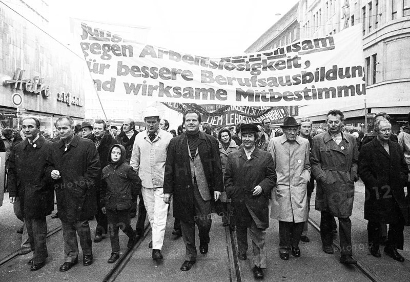 Called for by the German Trade Union Confederation (DGB), many thousands of people demonstrated for co-determination and against unemployment on 08.11.1975 in Dortmund, Germany, Europe