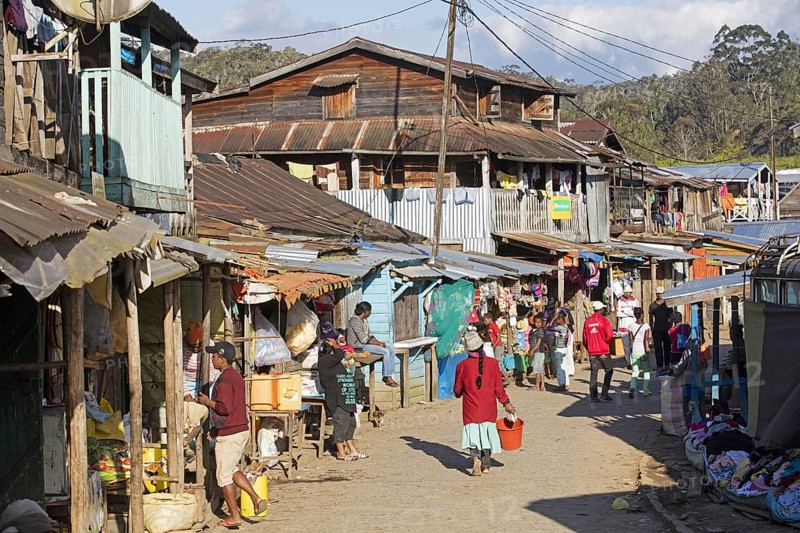 Malagasy people shopping in the main street of the town Andasibe, Alaotra-Mangoro, Madagascar, Southeast Africa, Africa