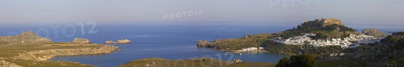 Panorama shot, evening light or late afternoon light, Acropolis and St John's Fortress of Lindos, Lindos village, Rhodes, Dodecanese, Greek Islands, Greece, Europe