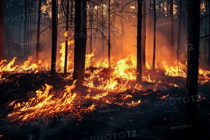 A forest wildfire is raging through a wooded area. Trees are on fire and flames are spreading quickly. Air is thick with smoke, AI generated