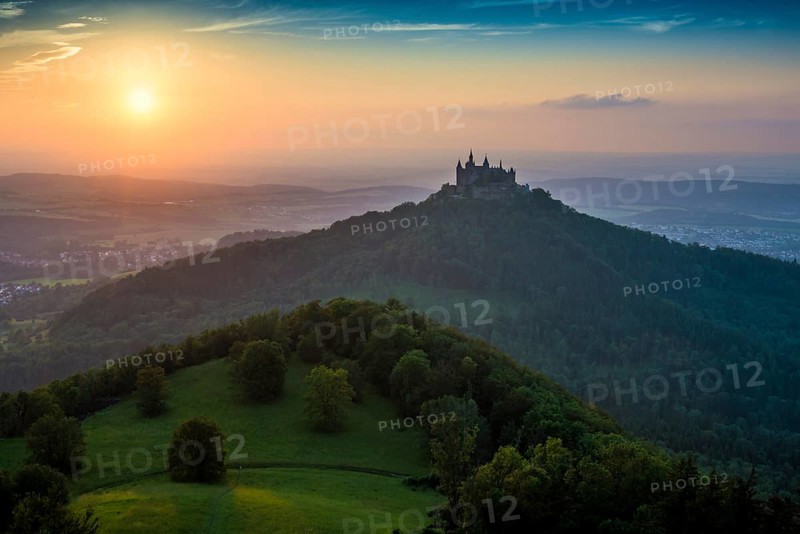 Hohenzollern Castle, sunset, Hechingen, Swabian Alb, Baden-Württemberg, Germany, Europe