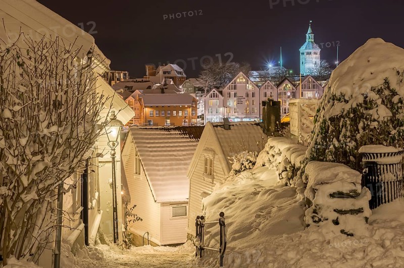 Snow-covered wooden buildings, night scene, historic town centre, Stavanger, Rogaland, Norway, Europe