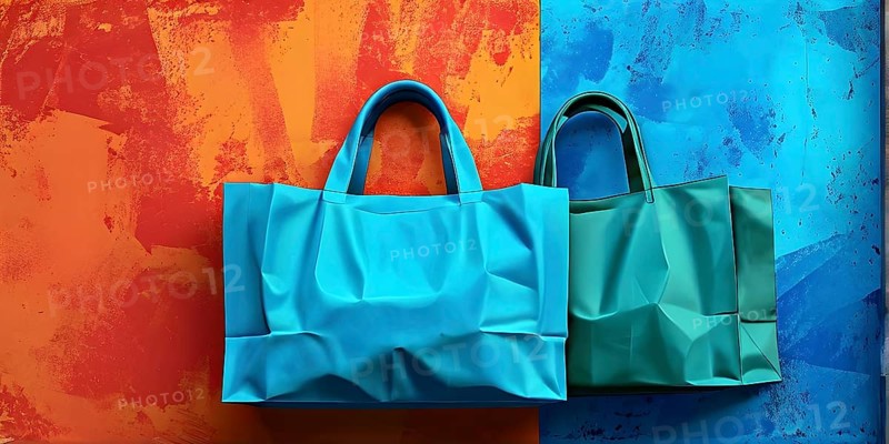 Assorted vibrant shopping bags lined up in front of a colored background, AI generated