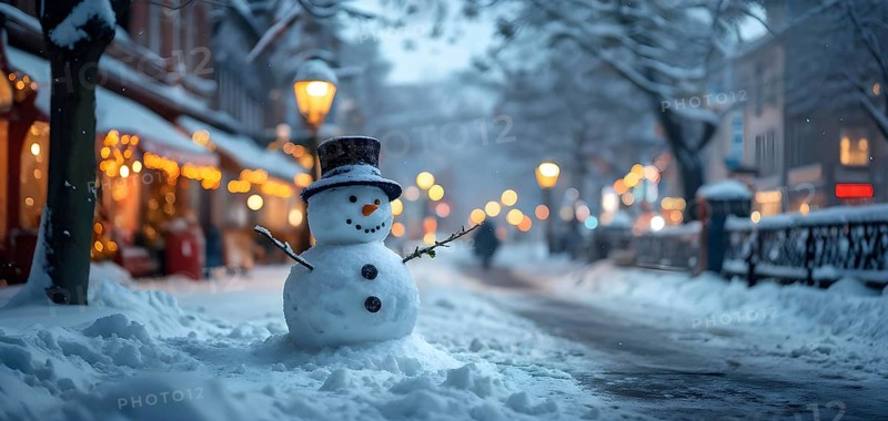 Snowman in an idylic winter urban scenery, snow-covered streets and buildings in background, ambient light, AI generated