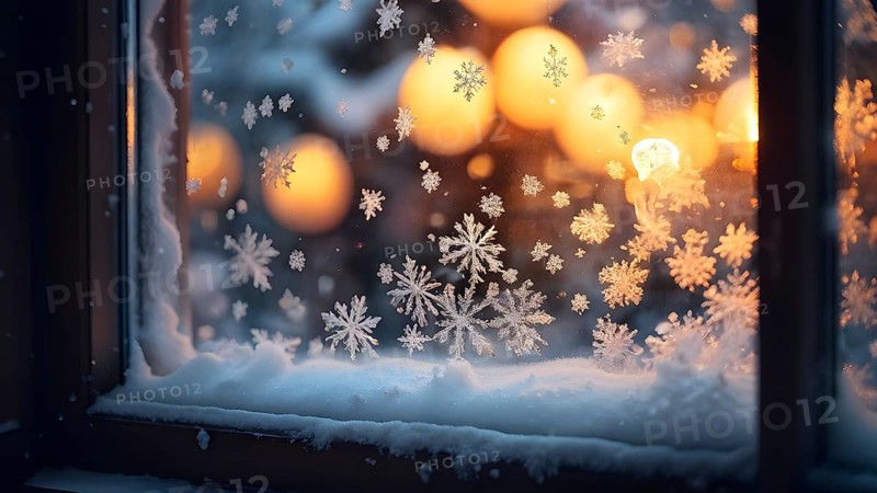 Snow-covered window with frost patterns, candlelight softly glowing through the glass, and warm, blurry Christmas lights in the background, AI generated