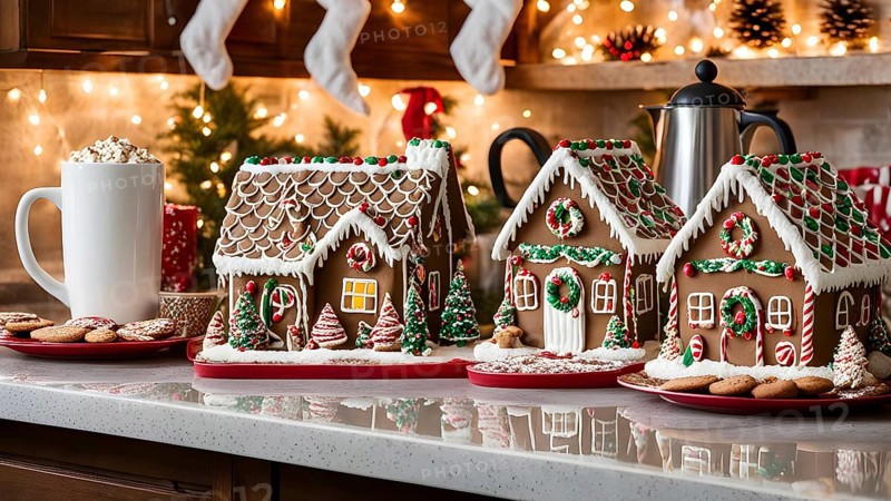 Kitchen counter filled with Christmas cookies, gingerbread houses, and mugs of hot chocolate, with festive decorations, AI generated