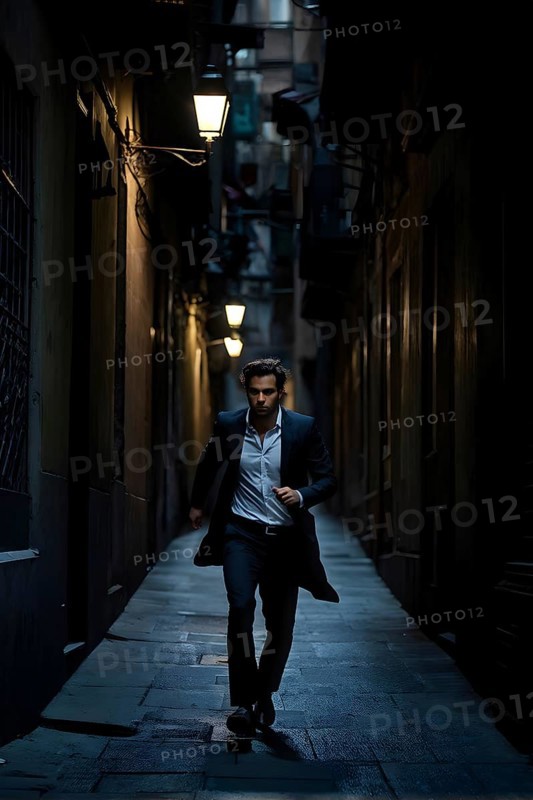 Man fleeing down a narrow dimly lit alleyway urban setting at nighttime, AI generated
