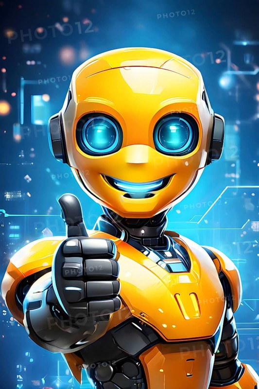 Friendly smiling yellow robot with a thumb up symbolizing artificial intelligence, AI generated