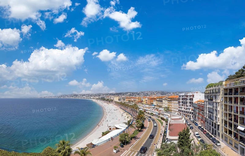 France, panoramic skyline of old historic Nice center and azure beaches along Promenade des Anglais, Europe