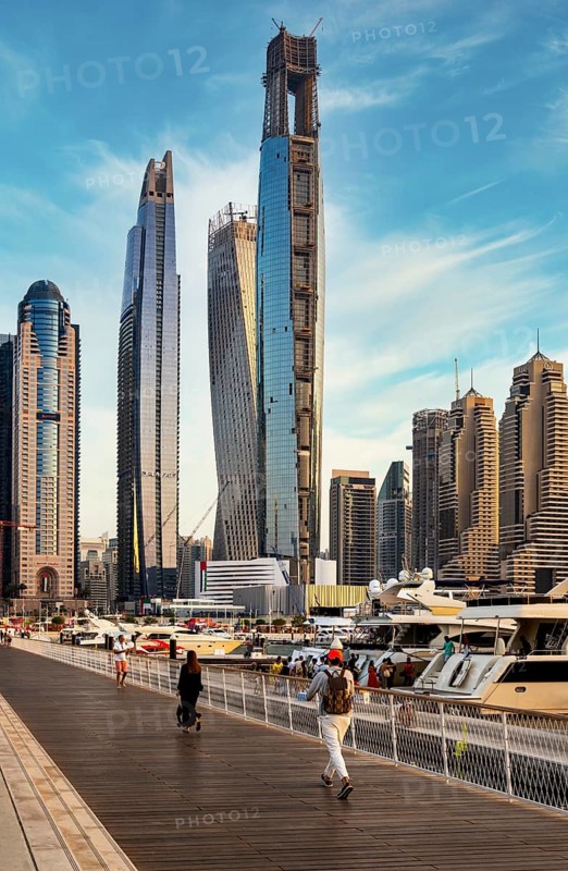 Skyscrapers, motor yachts and beach, Jumeirah Beach Residences, Dubai, United Arab Emirates, Middle East, Asia