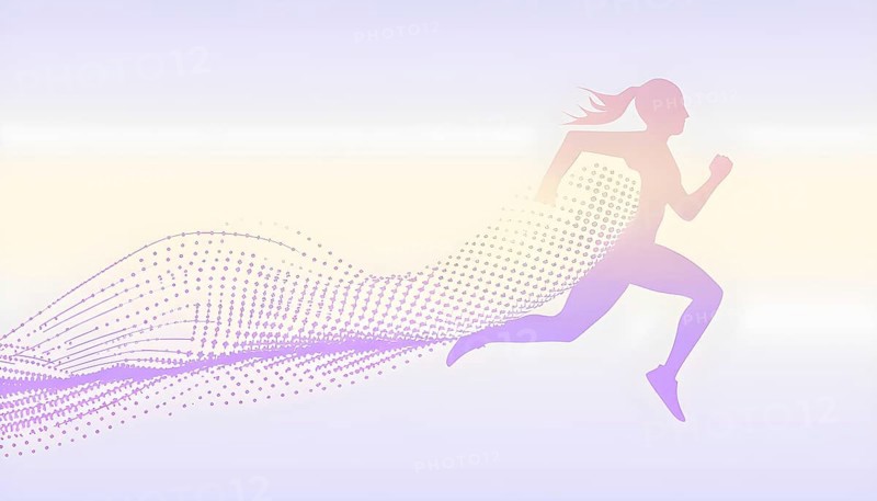 Illustration of a wave of data points shaping into a female runner silhouette, purple pastel hues, conveying speed and precision guided by AI, AI generated