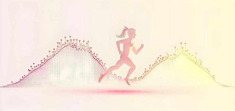 Illustration of a wave of data points shaping into a female runner silhouette, red pastel hues, conveying speed and precision guided by AI, AI generated