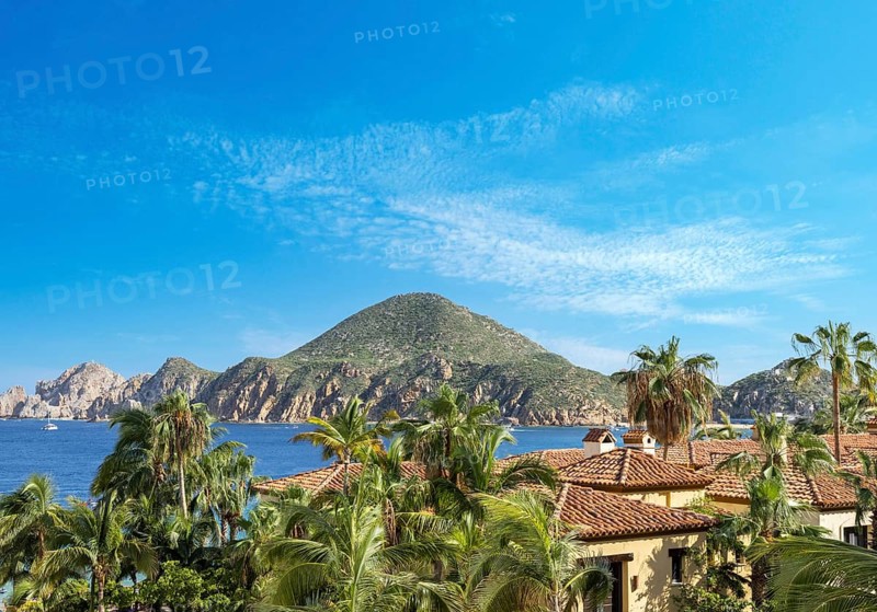Scenic panoramic aerial view of Los Cabos landmark tourist destination Arch of Cabo San Lucas