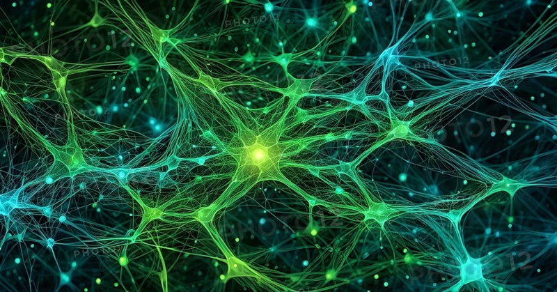 Flowing neural network, with glowing nodes connecting and disconnecting in a smooth and rhythmic pattern, vibrant hues, AI generated
