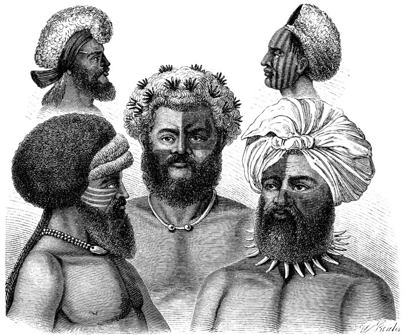 Portrait of some men of the Biti Indians with headdress, face painting, necklace, South Africa, historical illustration 1882, Africa
