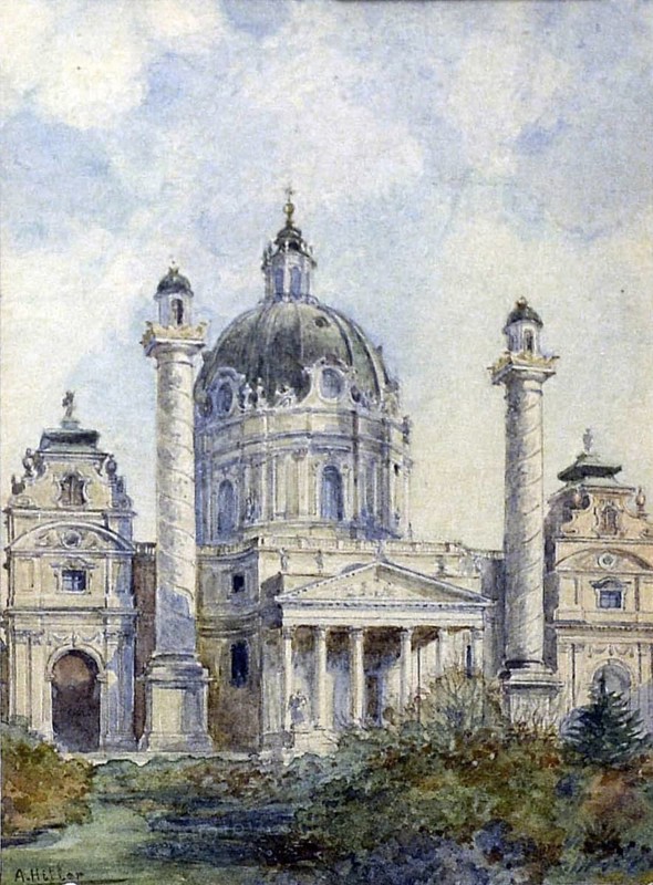 The Karlskirche in Vienna in Austria, Painting by Adolf Hitler (1889-1945), Historical, digitally restored reproduction from a 20th century original, public domain, Record date not stated