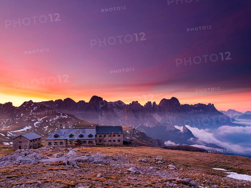 Schlernhaus at dawn, behind rose garden, Dolomites, Schlern, South Tyrol, Italy, Europe