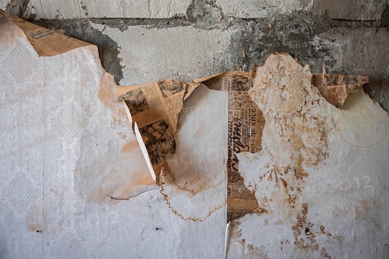 Peeling wallpaper, abandoned destroyed room in a residential building, Soviet apartment blocks, ghost town, Engilchek, Tian Shan, Kyrgyzstan, Asia