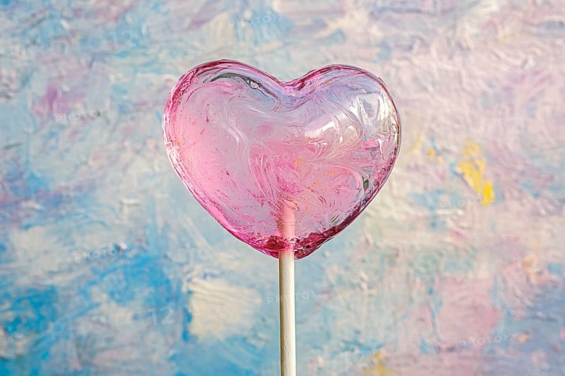 Pink heart shaped Valentine's Day lolli in front of colorful background, AI generated
