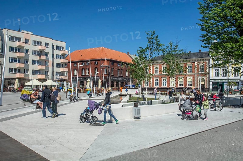 People on the square in the modern center of Swinoujscie, Western Pomerania, Poland, Eastern Europe, Europe