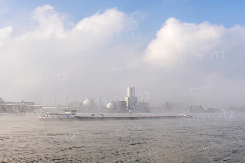 BASF plant site on the banks of the Rhine, chemical company, cargo ship, foggy mood, Ludwigshafen, Rhineland-Palatinate, Germany, Europe