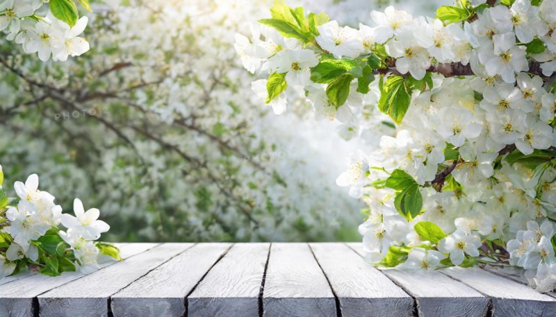 Spring nature background with blossoming flowers and rustic wooden table, AI generated