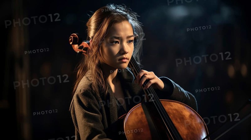 Young asian girl playing her cello at the concert hall under dramatic lights, generatvie AI, AI generated