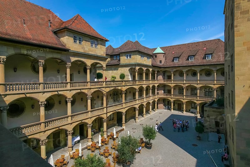 Old Palace Stuttgart, former moated palace, princely residence, 14th century seat of the Counts of Württemberg, court chamber, today Renaissance palace, architect Aberlin Tretsch, Württemberg State Museum, arcades, palace courtyard, historic building, architecture, columns, state capital, Stuttgart, Baden-Württemberg, Germany, Europe