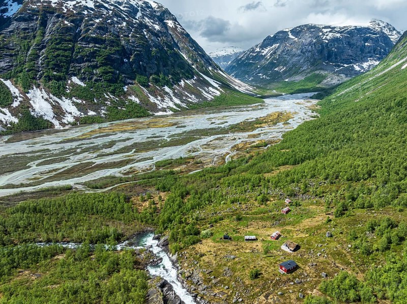 The widely branching arms of river Jostedalsola, a glacial river originating in the Jostedalsbreen glacier, Norway, Europe